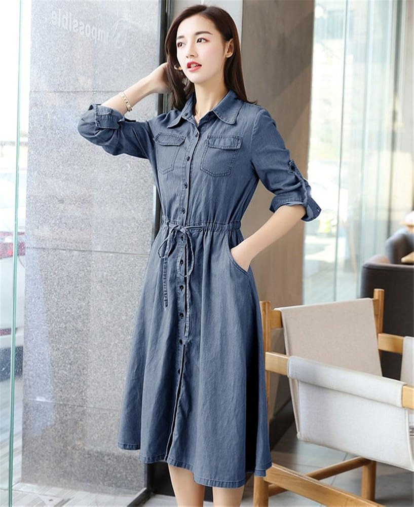 Aimeely Women's Long Sleeve Denim Dress Sweet Casual Long